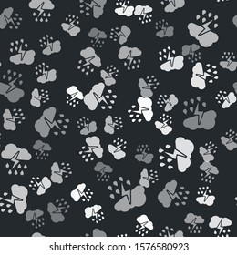 Grey Cloud with rain and lightning icon isolated seamless pattern on black background. Rain cloud precipitation with rain drops.Weather icon of storm.  Vector Illustration
