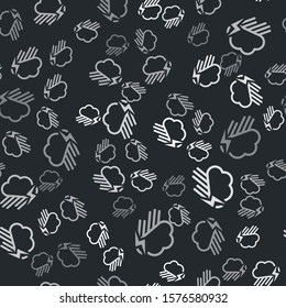Grey Cloud with rain and lightning icon isolated seamless pattern on black background. Rain cloud precipitation with rain drops.Weather icon of storm.  Vector Illustration