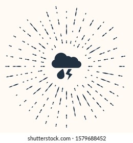 Grey Cloud with rain and lightning icon isolated on beige background. Rain cloud precipitation with rain drops.Weather icon of storm. Abstract circle random dots. Vector Illustration