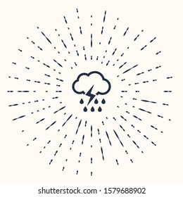 Grey Cloud with rain and lightning icon isolated on beige background. Rain cloud precipitation with rain drops.Weather icon of storm. Abstract circle random dots. Vector Illustration