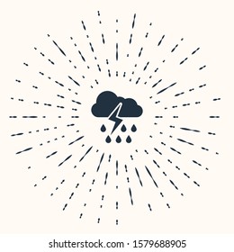 Grey Cloud with rain and lightning icon isolated on beige background. Rain cloud precipitation with rain drops.Weather icon of storm. Abstract circle random dots. Vector Illustration
