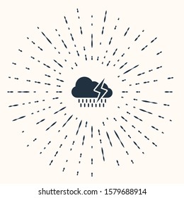 Grey Cloud with rain and lightning icon isolated on beige background. Rain cloud precipitation with rain drops.Weather icon of storm. Abstract circle random dots. Vector Illustration