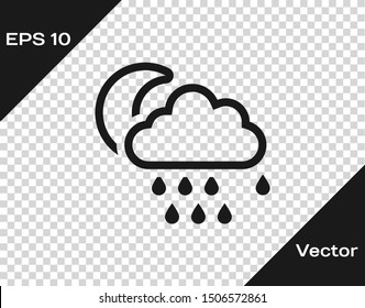 Grey Cloud with rain and moon icon isolated on transparent background. Rain cloud precipitation with rain drops.  Vector Illustration