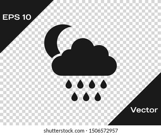 Grey Cloud with rain and moon icon isolated on transparent background. Rain cloud precipitation with rain drops.  Vector Illustration