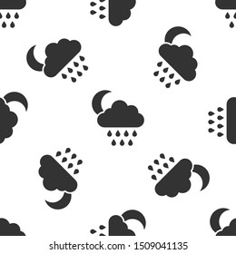 Grey Cloud with rain and moon icon isolated seamless pattern on white background. Rain cloud precipitation with rain drops.  Vector Illustration