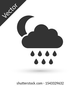 Grey Cloud with rain and moon icon isolated on white background. Rain cloud precipitation with rain drops.  Vector Illustration