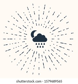 Grey Cloud with rain and moon icon isolated on beige background. Rain cloud precipitation with rain drops. Abstract circle random dots. Vector Illustration