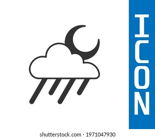 Grey Cloud with rain and moon icon isolated on white background. Rain cloud precipitation with rain drops.  Vector