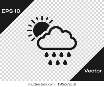 Grey Cloud with rain and sun icon isolated on transparent background. Rain cloud precipitation with rain drops.  Vector Illustration