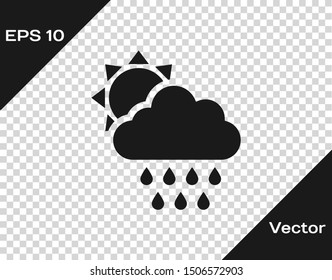 Grey Cloud with rain and sun icon isolated on transparent background. Rain cloud precipitation with rain drops.  Vector Illustration
