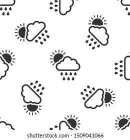 Grey Cloud with rain and sun icon isolated seamless pattern on white background. Rain cloud precipitation with rain drops.  Vector Illustration