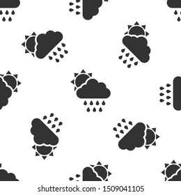 Grey Cloud with rain and sun icon isolated seamless pattern on white background. Rain cloud precipitation with rain drops.  Vector Illustration