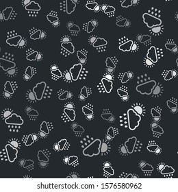 Grey Cloud with rain and sun icon isolated seamless pattern on black background. Rain cloud precipitation with rain drops.  Vector Illustration
