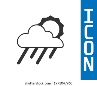 Grey Cloud with rain and sun icon isolated on white background. Rain cloud precipitation with rain drops.  Vector