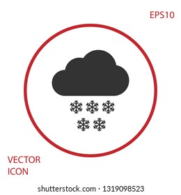 Grey Cloud with snow icon isolated on white background. Cloud with snowflakes. Single weather icon. Snowing sign. Red circle button. Vector Illustration
