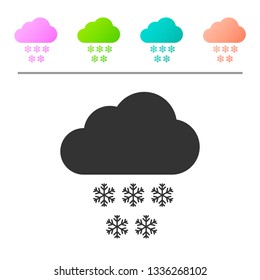 Grey Cloud with snow icon isolated on white background. Cloud with snowflakes. Single weather icon. Snowing sign. Set icon in color buttons. Vector Illustration
