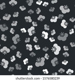 Grey Cloud with snow icon isolated seamless pattern on black background. Cloud with snowflakes. Single weather icon. Snowing sign.  Vector Illustration