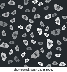 Grey Cloud with snow icon isolated seamless pattern on black background. Cloud with snowflakes. Single weather icon. Snowing sign.  Vector Illustration