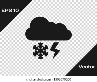 Grey Cloud with snow and lightning icon isolated on transparent background. Cloud with snowflakes. Single weather icon. Snowing sign.  Vector Illustration