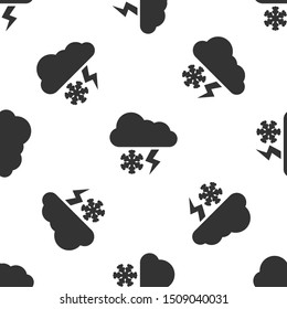 Grey Cloud with snow and lightning icon isolated seamless pattern on white background. Cloud with snowflakes. Single weather icon. Snowing sign.  Vector Illustration