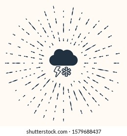 Grey Cloud with snow and lightning icon isolated on beige background. Cloud with snowflakes. Single weather icon. Snowing sign. Abstract circle random dots. Vector Illustration