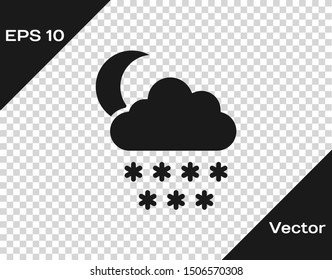 Grey Cloud with snow and moon icon isolated on transparent background. Cloud with snowflakes. Single weather icon. Snowing sign.  Vector Illustration