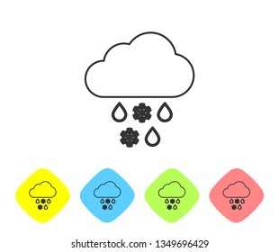 Grey Cloud with snow and rain line icon isolated on white background. Weather icon. Set icon in color rhombus buttons. Vector Illustration