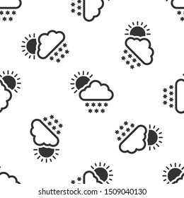 Grey Cloud with snow and sun icon isolated seamless pattern on white background. Cloud with snowflakes. Single weather icon. Snowing sign.  Vector Illustration