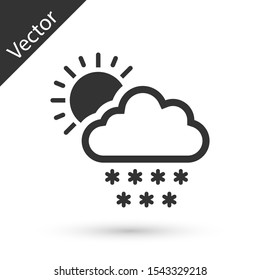 Grey Cloud with snow and sun icon isolated on white background. Cloud with snowflakes. Single weather icon. Snowing sign.  Vector Illustration