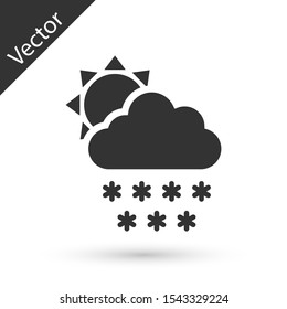 Grey Cloud with snow and sun icon isolated on white background. Cloud with snowflakes. Single weather icon. Snowing sign.  Vector Illustration