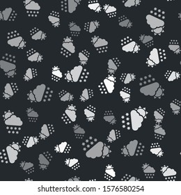 Grey Cloud with snow and sun icon isolated seamless pattern on black background. Cloud with snowflakes. Single weather icon. Snowing sign.  Vector Illustration