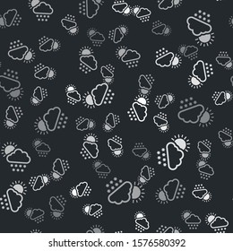 Grey Cloud with snow and sun icon isolated seamless pattern on black background. Cloud with snowflakes. Single weather icon. Snowing sign.  Vector Illustration