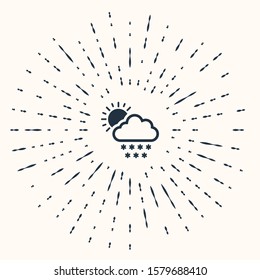 Grey Cloud with snow and sun icon isolated on beige background. Cloud with snowflakes. Single weather icon. Snowing sign. Abstract circle random dots. Vector Illustration