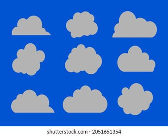 Grey clouds icons, flat style on a blue background. Set of grey clouds. Vector illustration