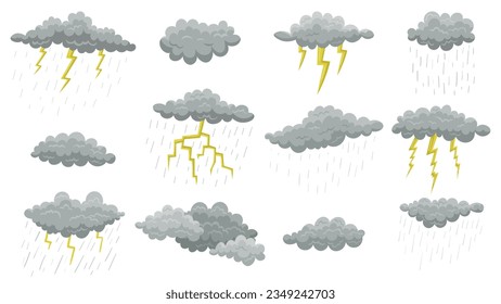 Grey clouds with rain and lightning. Drawing of thunderclouds or thunder isolated on white background. Weather, summer or autumn concept, bad or sad mood.