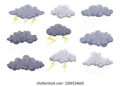 Grey clouds with rain and lightning vector illustrations set. Collection of drawings of rain or thunder clouds for sky patterns isolated on white background. Weather, summer or autumn concept