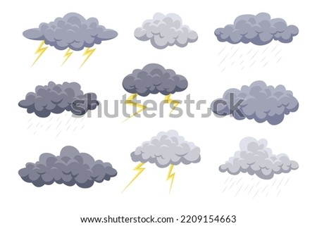 Grey clouds with rain and lightning vector illustrations set. Collection of drawings of rain or thunder clouds for sky patterns isolated on white background. Weather, summer or autumn concept