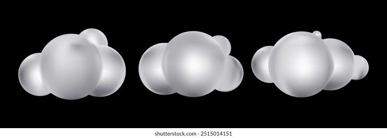 Grey Clouds Sky isolated on Black background.3d Silver round fluffy cloudy icon,Vector illustration nature design geometric circle shape for Games,Animations,Nursery element fantasy,cartoon 