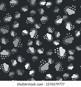 Grey Cloudy with rain and sun icon isolated seamless pattern on black background. Rain cloud precipitation with rain drops.  Vector Illustration