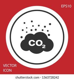 Grey CO2 emissions in cloud icon isolated on red background. Carbon dioxide formula symbol, smog pollution concept, environment concept. White circle button. Vector Illustration
