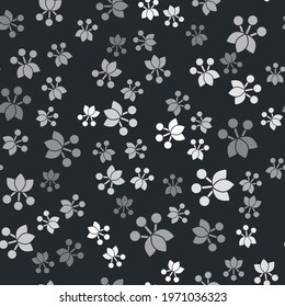 Grey Coffee bean, branch with leaf and berry icon isolated seamless pattern on black background. Plant with leaf, berry, fruit, seed.  Vector
