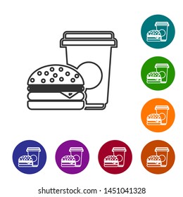 Grey Coffee and burger line icon isolated on white background. Fast food symbol. Set icon in color circle buttons. Vector Illustration