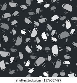Grey Coffee cup flat icon isolated seamless pattern on black background. Tea cup. Hot drink coffee.  Vector Illustration