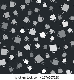 Grey Coffee cup flat icon isolated seamless pattern on black background. Tea cup. Hot drink coffee.  Vector Illustration