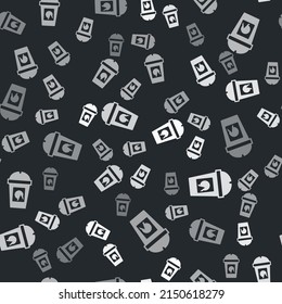 Grey Coffee cup to go icon isolated seamless pattern on black background. Take away print. Vector