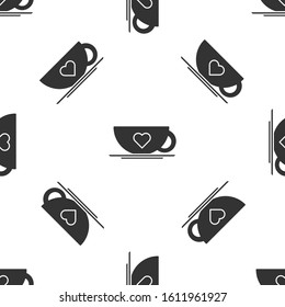 Grey Coffee cup and heart icon isolated seamless pattern on white background. Couple coffee for lovers on Valentines Day.  Vector Illustration