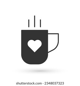 Grey Coffee cup and heart icon isolated on white background. Couple coffee for lovers on Valentines Day.  Vector