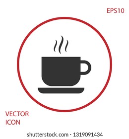 Grey Coffee cup icon isolated on white background. Tea cup. Hot drink coffee. Red circle button. Vector Illustration