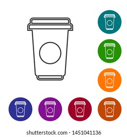 Grey Coffee cup line icon isolated on white background. Disposable coffee cup with hot coffee. Set icon in color circle buttons. Vector Illustration