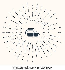 Grey Coffee pot with cup icon isolated on beige background. Abstract circle random dots. Vector Illustration